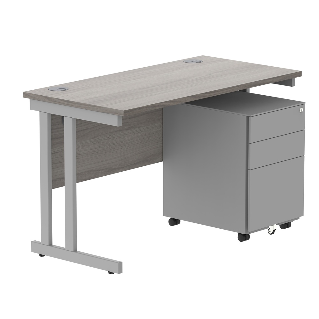 Double Upright Rectangular Desk + Under Desk Steel Pedestal 3 Drawers (FSC) | 1200X600 | Alaskan Grey Oak/Silver