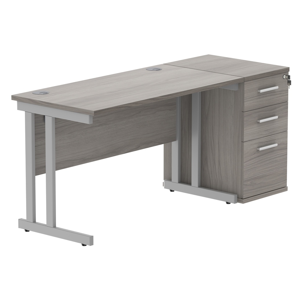 Double Upright Rectangular Desk + Desk High Pedestal (FSC) | 1200X600 | Alaskan Grey Oak/Silver