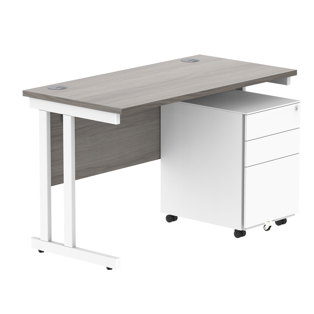 Double Upright Rectangular Desk + Under Desk Steel Pedestal 3 Drawers (FSC) | 1200X600 | Alaskan Grey Oak/White