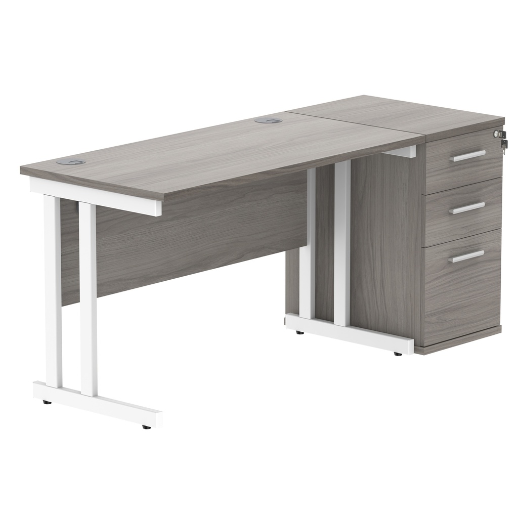 Double Upright Rectangular Desk + Desk High Pedestal (FSC) | 1200X600 | Alaskan Grey Oak/White