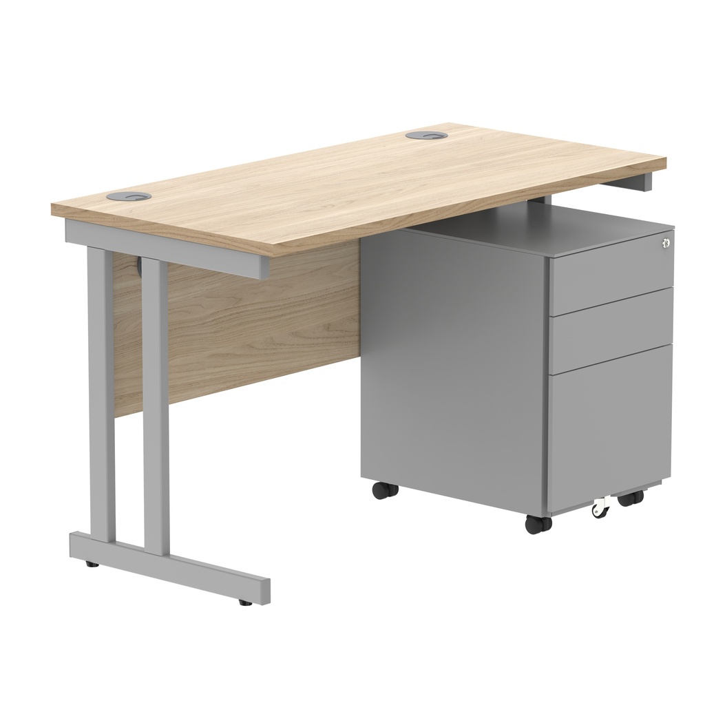 Double Upright Rectangular Desk + Under Desk Steel Pedestal 3 Drawers (FSC) | 1200X600 | Canadian Oak/Silver