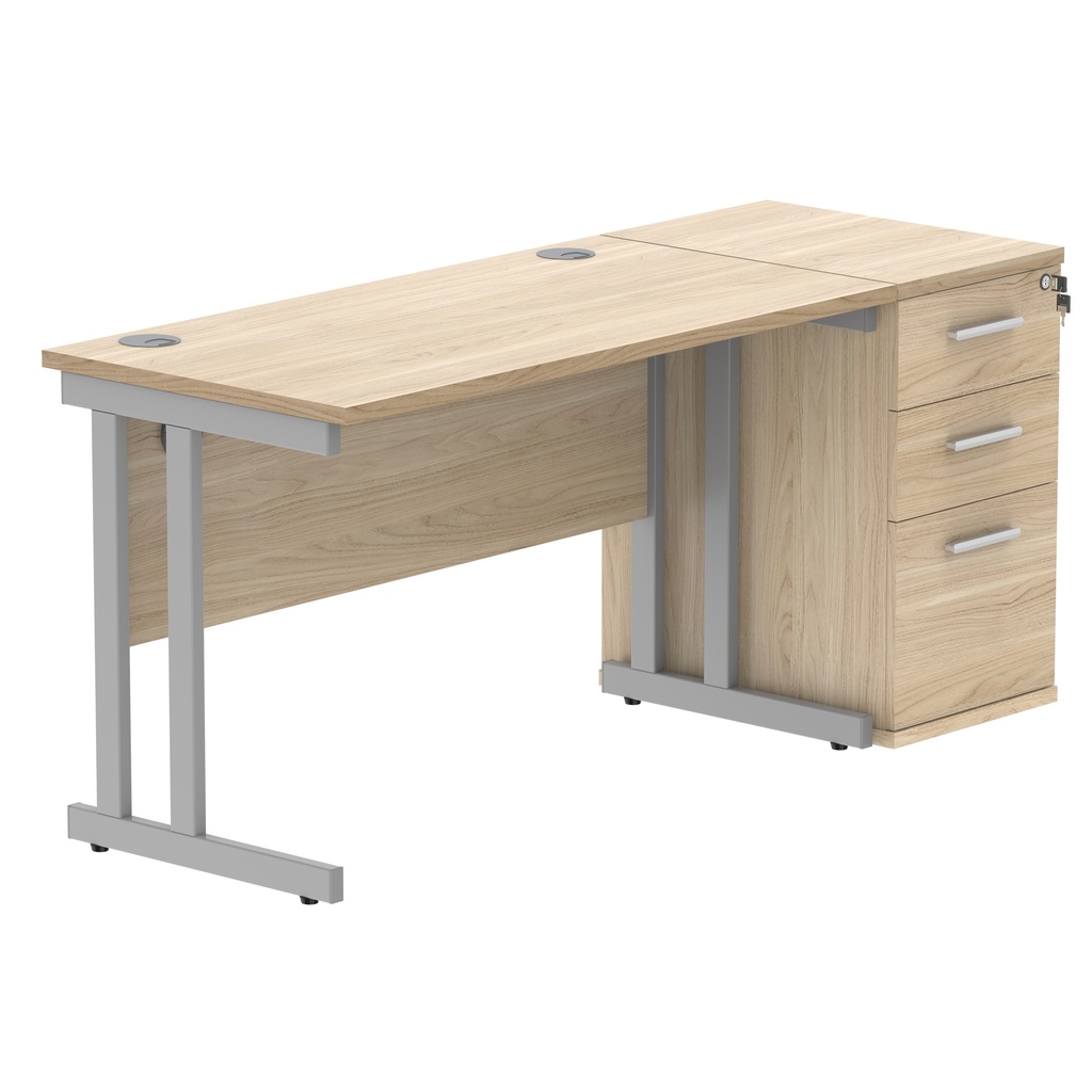 Double Upright Rectangular Desk + Desk High Pedestal (FSC) | 1200X600 | Canadian Oak/Silver