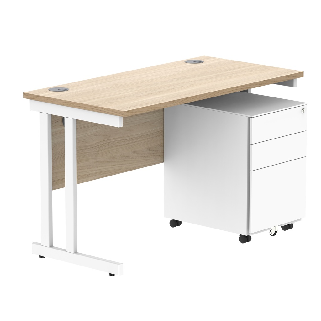 Double Upright Rectangular Desk + Under Desk Steel Pedestal 3 Drawers (FSC) | 1200X600 | Canadian Oak/White