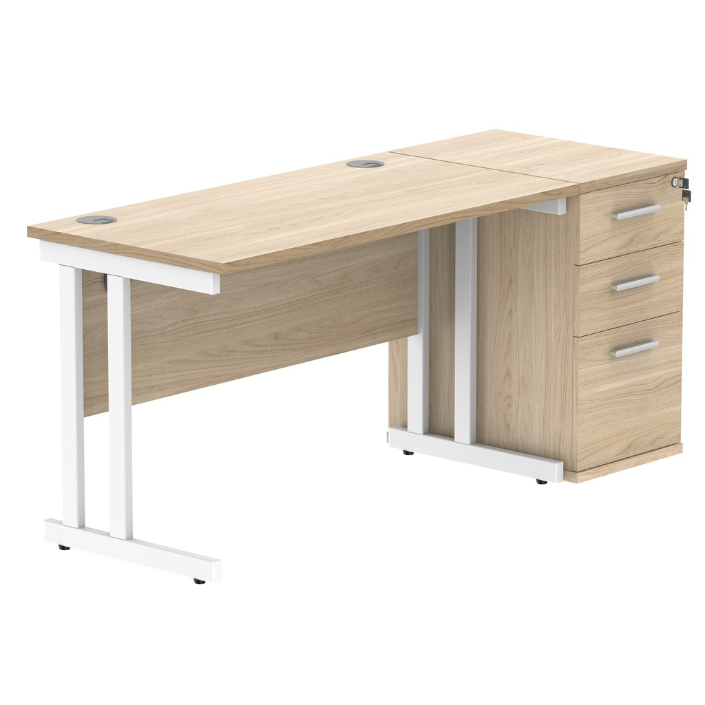 Double Upright Rectangular Desk + Desk High Pedestal (FSC) | 1200X600 | Canadian Oak/White
