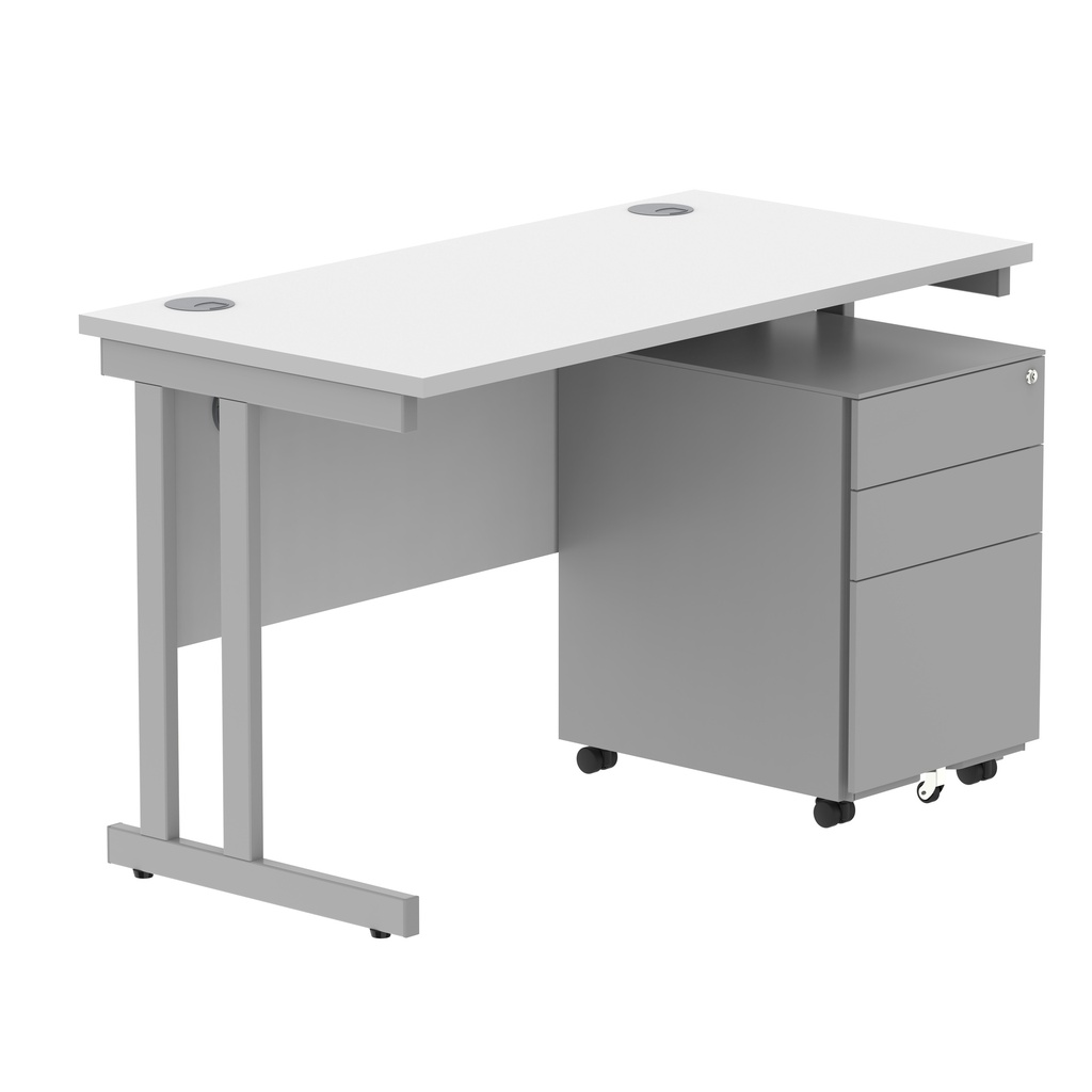 Double Upright Rectangular Desk + Under Desk Steel Pedestal 3 Drawers (FSC) | 1200X600 | Arctic White/Silver