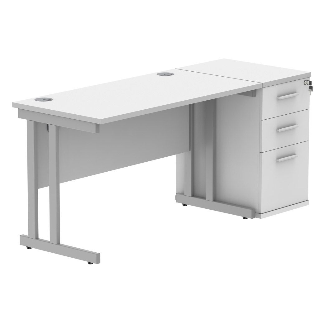 Double Upright Rectangular Desk + Desk High Pedestal (FSC) | 1200X600 | Arctic White/Silver