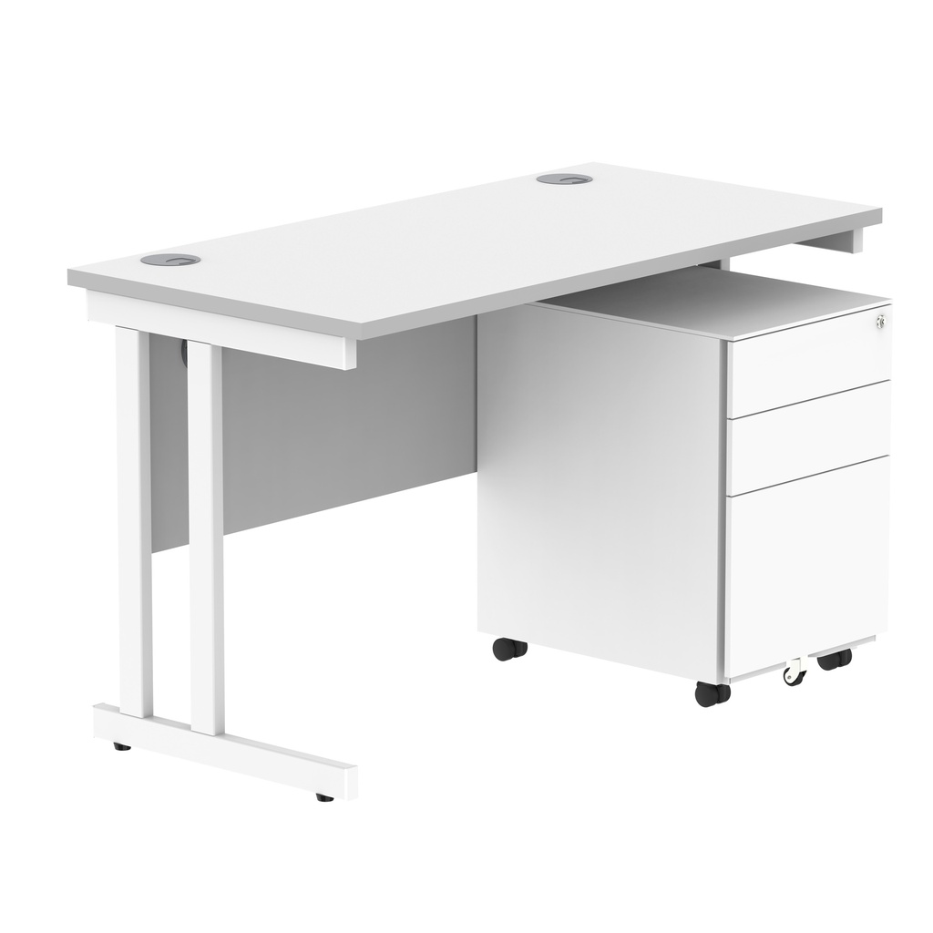 Double Upright Rectangular Desk + Under Desk Steel Pedestal 3 Drawers (FSC) | 1200X600 | Arctic White/White