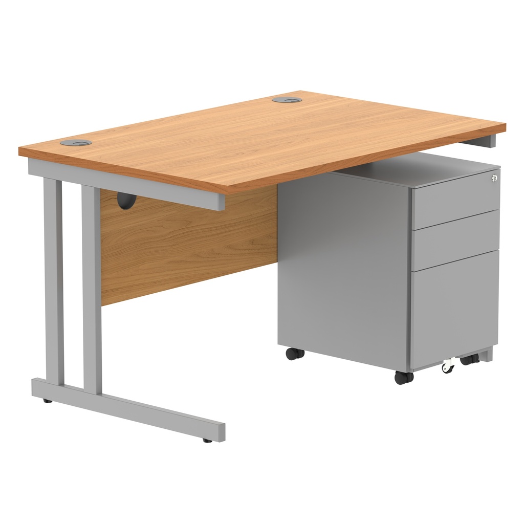 Double Upright Rectangular Desk + Under Desk Steel Pedestal 3 Drawers (FSC) | 1200X800 | Norwegian Beech/Silver