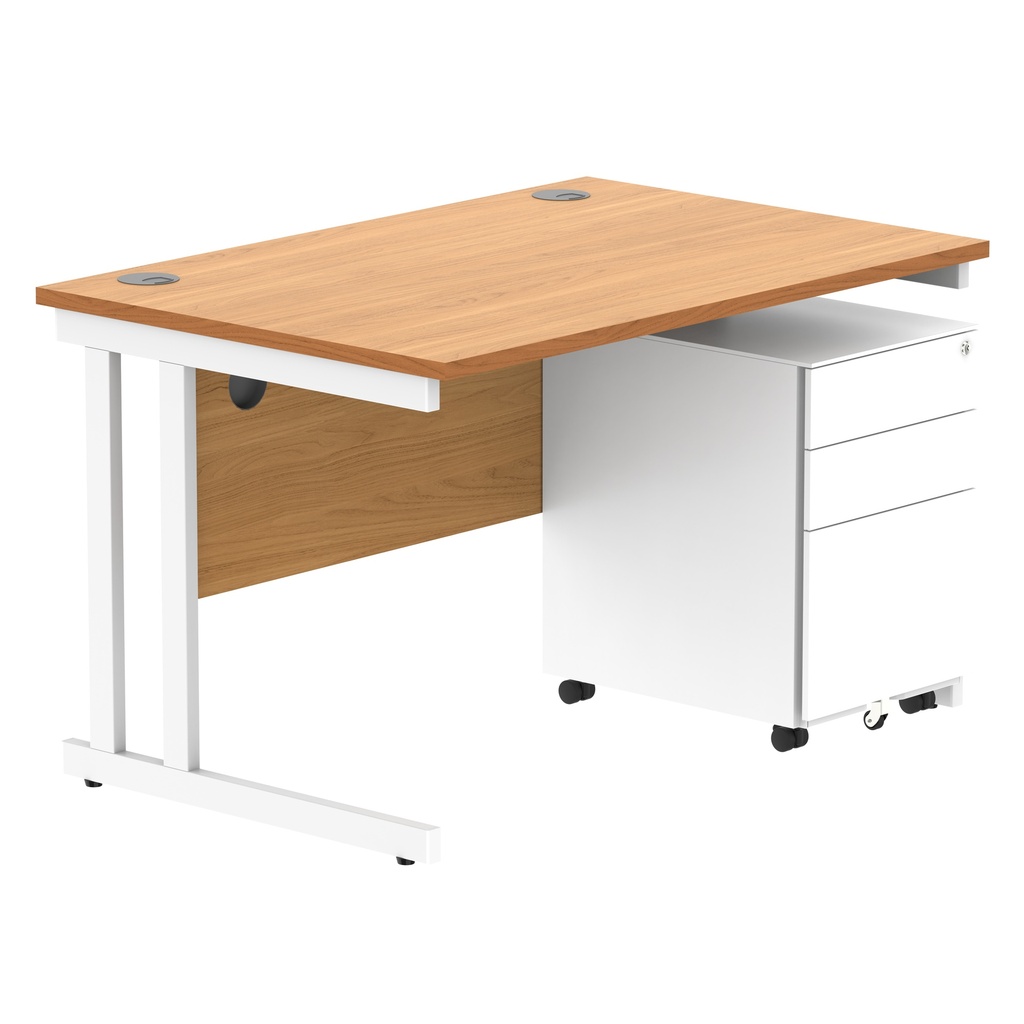 Double Upright Rectangular Desk + Under Desk Steel Pedestal 3 Drawers (FSC) | 1200X800 | Norwegian Beech/White