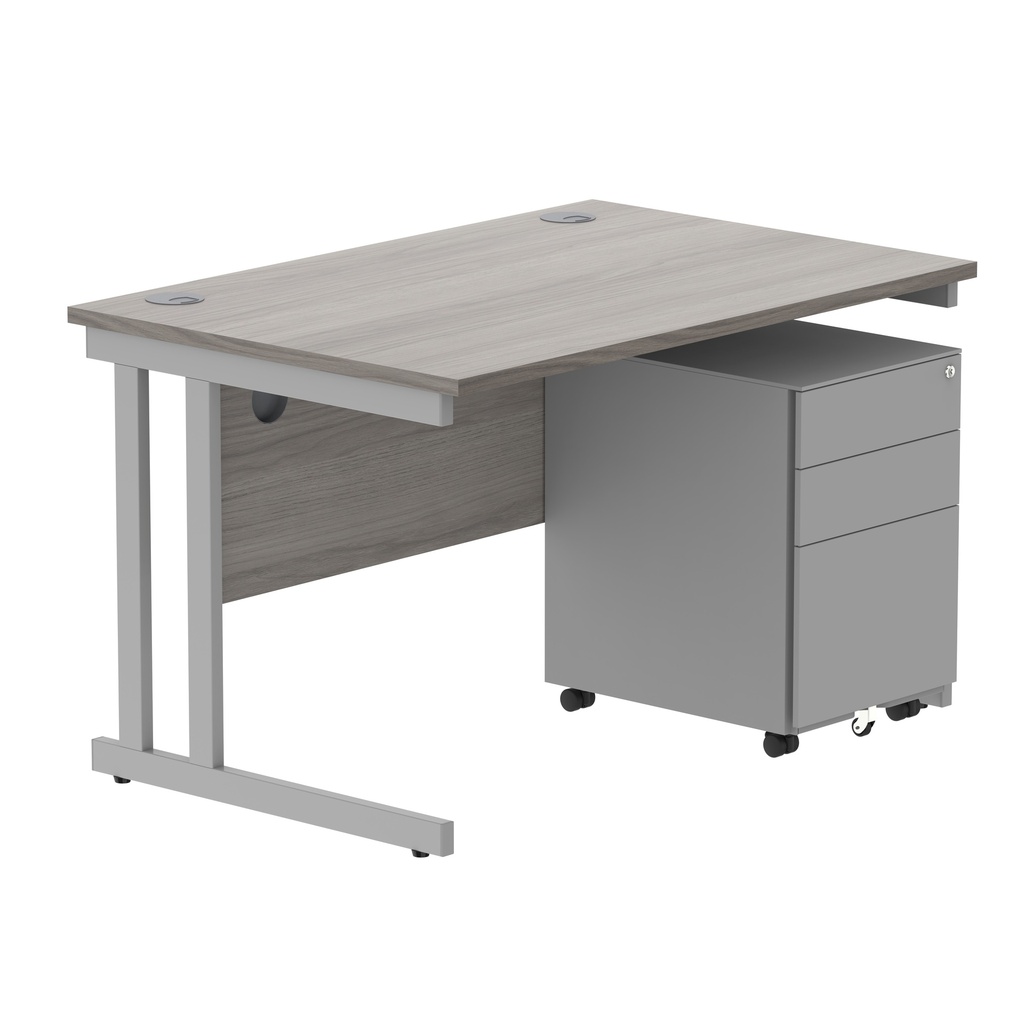 Double Upright Rectangular Desk + Under Desk Steel Pedestal 3 Drawers (FSC) | 1200X800 | Alaskan Grey Oak/Silver