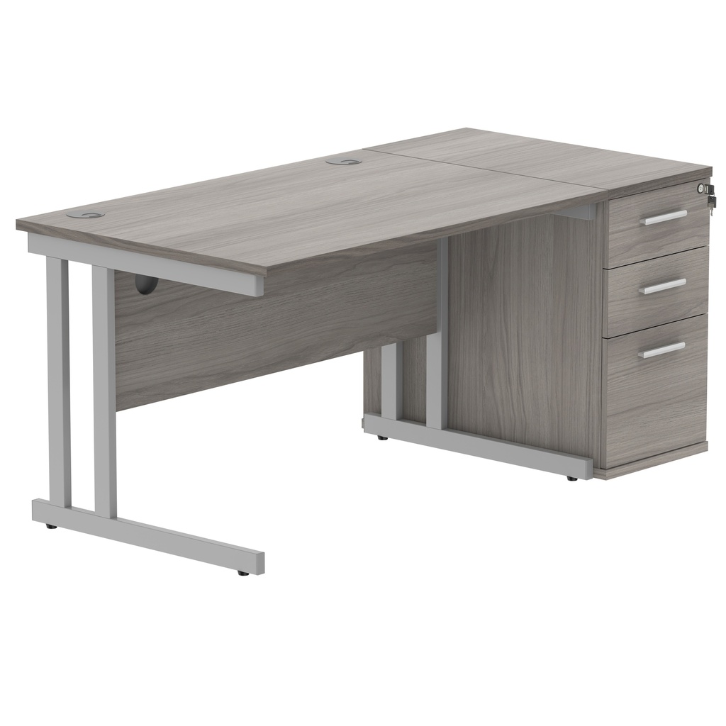 Double Upright Rectangular Desk + Desk High Pedestal (FSC) | 1200X800 | Alaskan Grey Oak/Silver