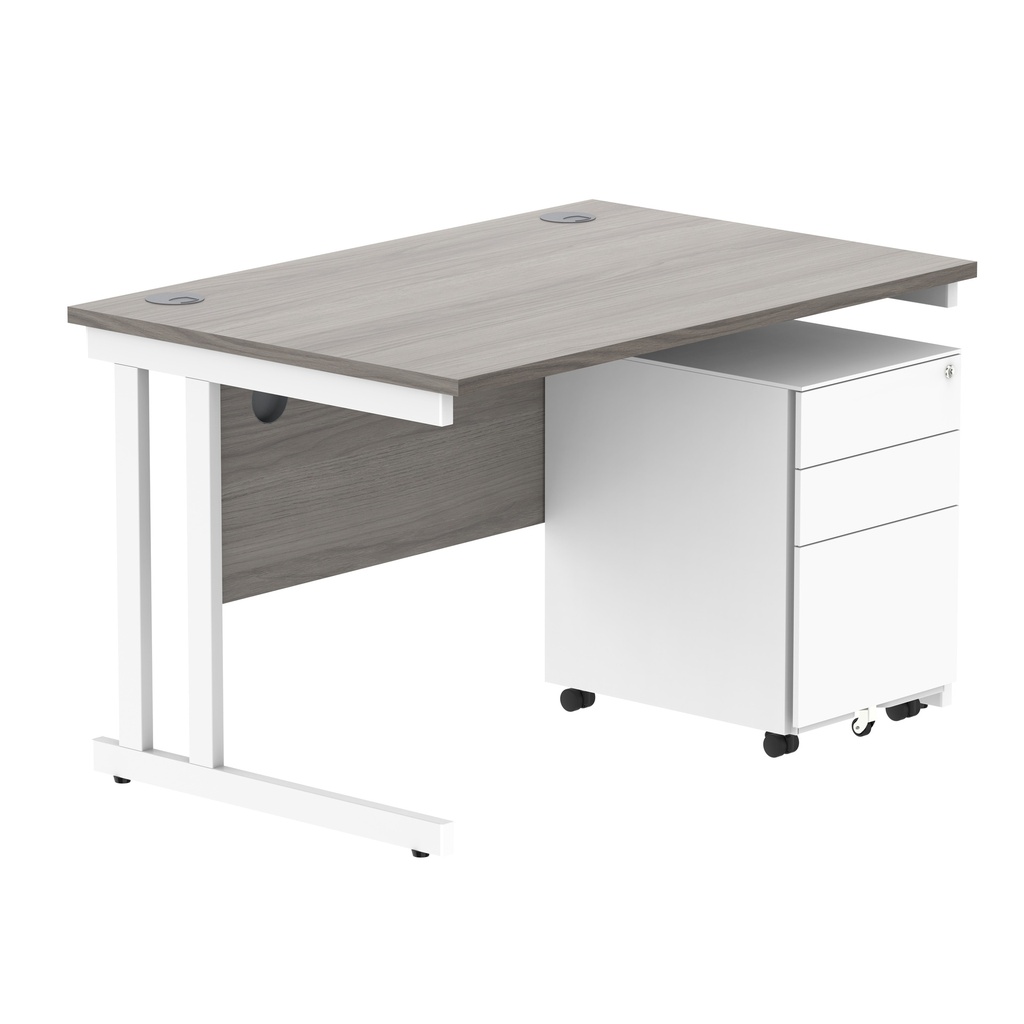 Double Upright Rectangular Desk + Under Desk Steel Pedestal 3 Drawers (FSC) | 1200X800 | Alaskan Grey Oak/White