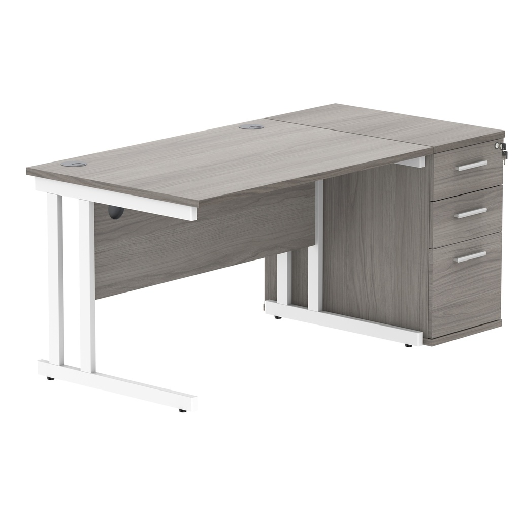 Double Upright Rectangular Desk + Desk High Pedestal (FSC) | 1200X800 | Alaskan Grey Oak/White