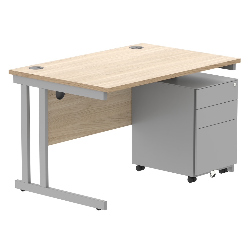 Double Upright Rectangular Desk + Under Desk Steel Pedestal 3 Drawers (FSC) | 1200X800 | Canadian Oak/Silver