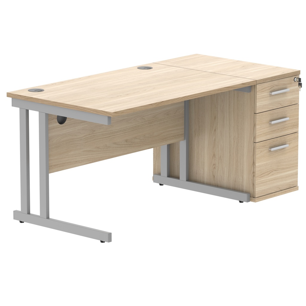 Double Upright Rectangular Desk + Desk High Pedestal (FSC) | 1200X800 | Canadian Oak/Silver