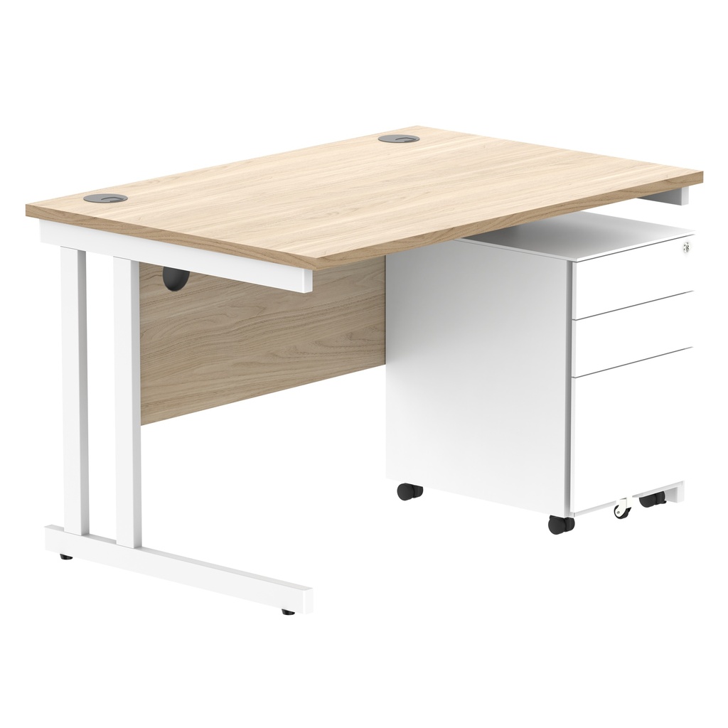 Double Upright Rectangular Desk + Under Desk Steel Pedestal 3 Drawers (FSC) | 1200X800 | Canadian Oak/White