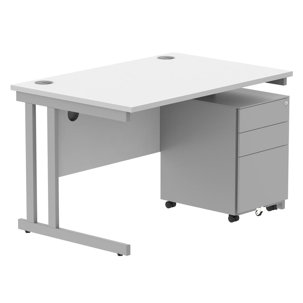 Double Upright Rectangular Desk + Under Desk Steel Pedestal 3 Drawers (FSC) | 1200X800 | Arctic White/Silver
