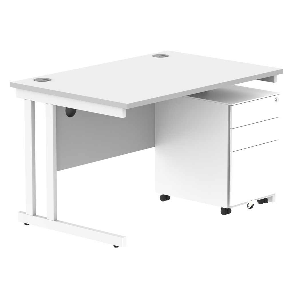 Double Upright Rectangular Desk + Under Desk Steel Pedestal 3 Drawers (FSC) | 1200X800 | Arctic White/White