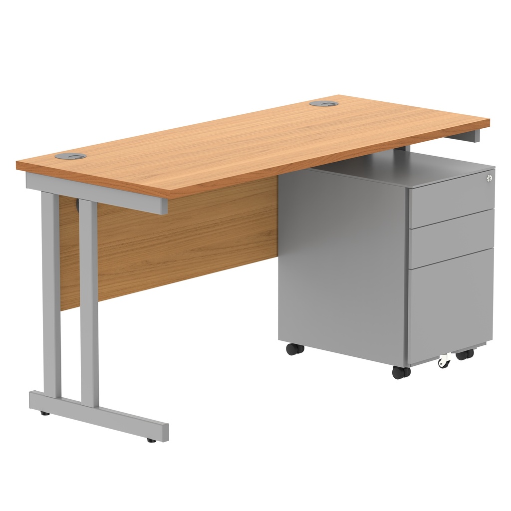 Double Upright Rectangular Desk + Under Desk Steel Pedestal 3 Drawers (FSC) | 1400X600 | Norwegian Beech/Silver
