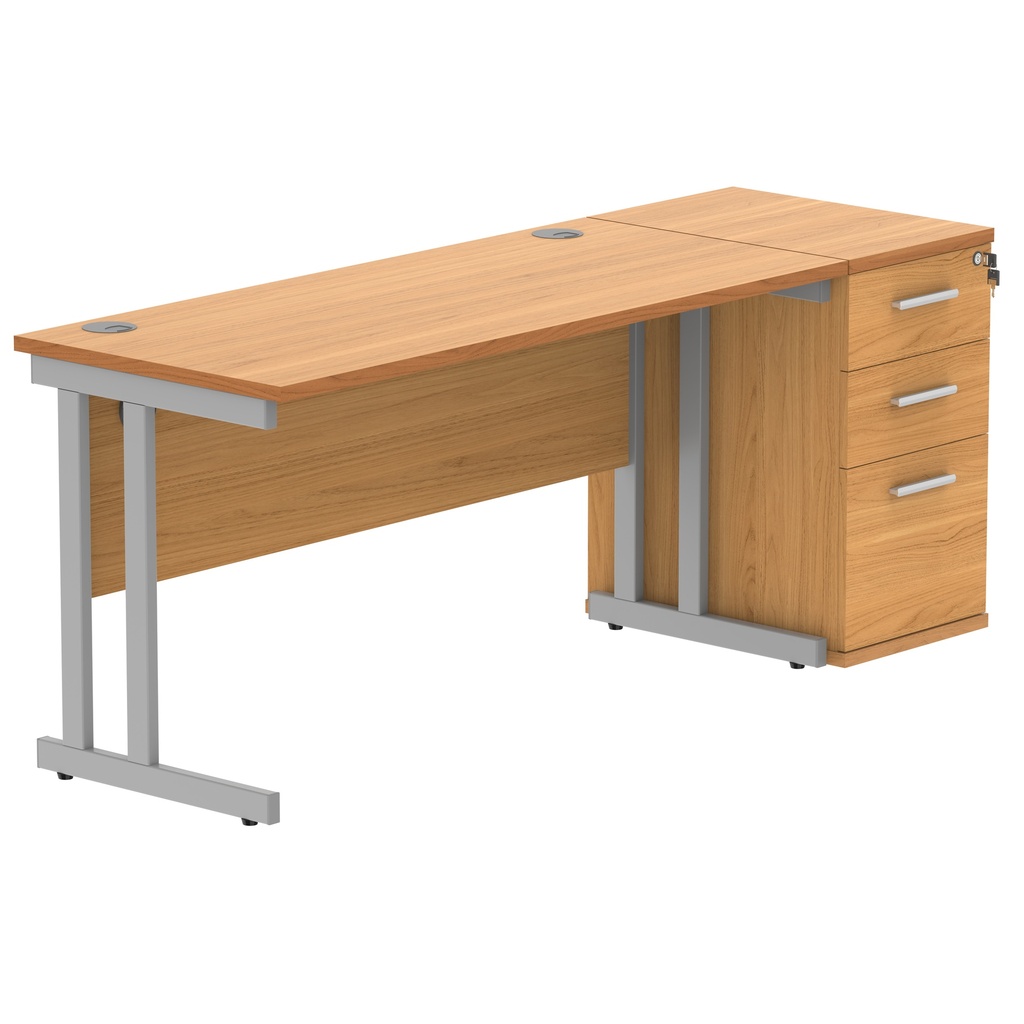Double Upright Rectangular Desk + Desk High Pedestal (FSC) | 1400X600 | Norwegian Beech/Silver