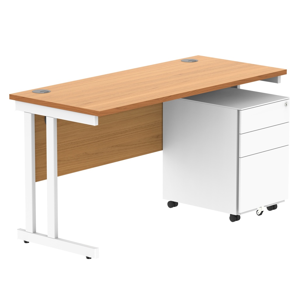 Double Upright Rectangular Desk + Under Desk Steel Pedestal 3 Drawers (FSC) | 1400X600 | Norwegian Beech/White