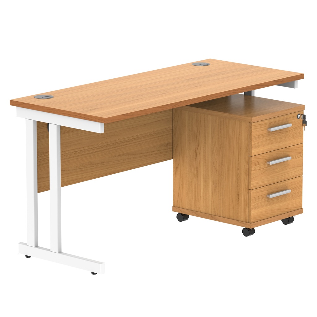 Double Upright Rectangular Desk + 3 Drawer Mobile Under Desk Pedestal (FSC) | 1400X600 | Norwegian Beech/White