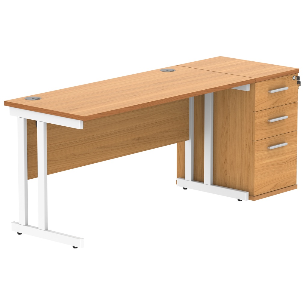 Double Upright Rectangular Desk + Desk High Pedestal (FSC) | 1400X600 | Norwegian Beech/White