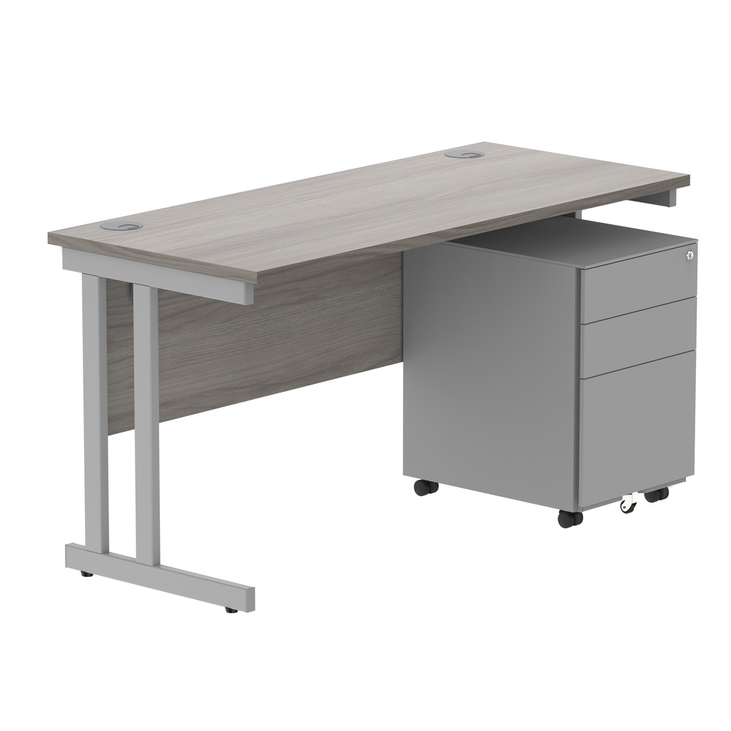 Double Upright Rectangular Desk + Under Desk Steel Pedestal 3 Drawers (FSC) | 1400X600 | Alaskan Grey Oak/Silver
