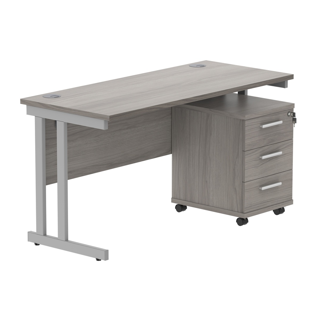 Double Upright Rectangular Desk + 3 Drawer Mobile Under Desk Pedestal (FSC) | 1400X600 | Alaskan Grey Oak/Silver