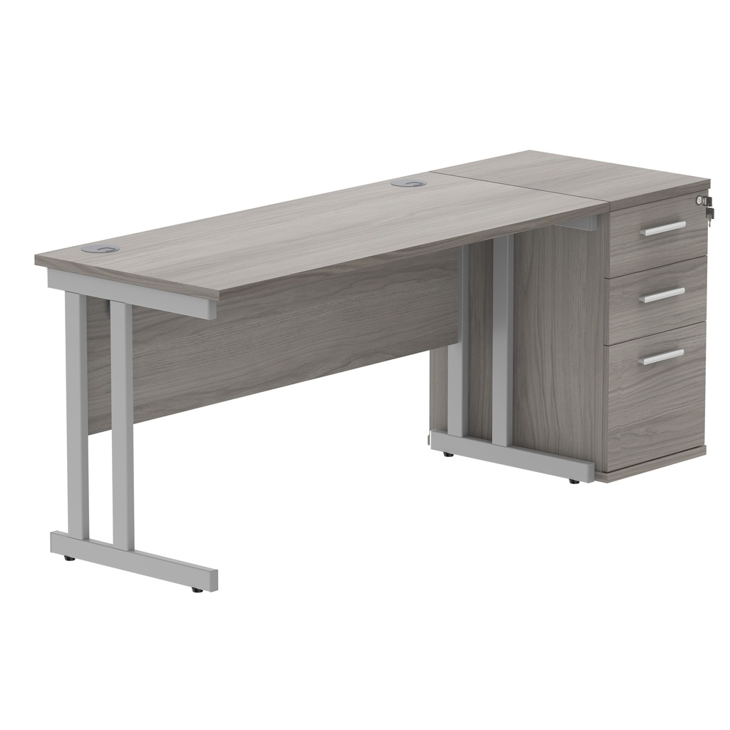 Double Upright Rectangular Desk + Desk High Pedestal (FSC) | 1400X600 | Alaskan Grey Oak/Silver