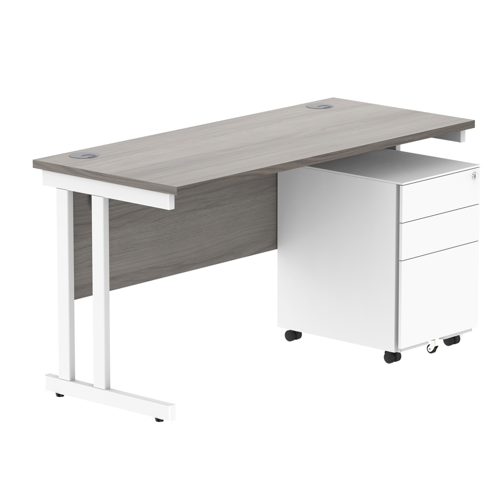 Double Upright Rectangular Desk + Under Desk Steel Pedestal 3 Drawers (FSC) | 1400X600 | Alaskan Grey Oak/White