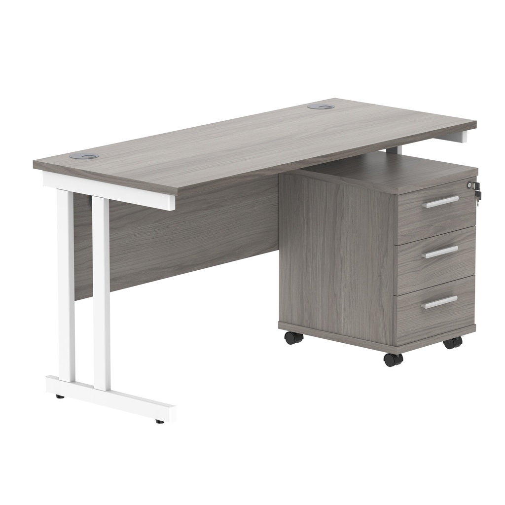 Double Upright Rectangular Desk + 3 Drawer Mobile Under Desk Pedestal (FSC) | 1400X600 | Alaskan Grey Oak/White