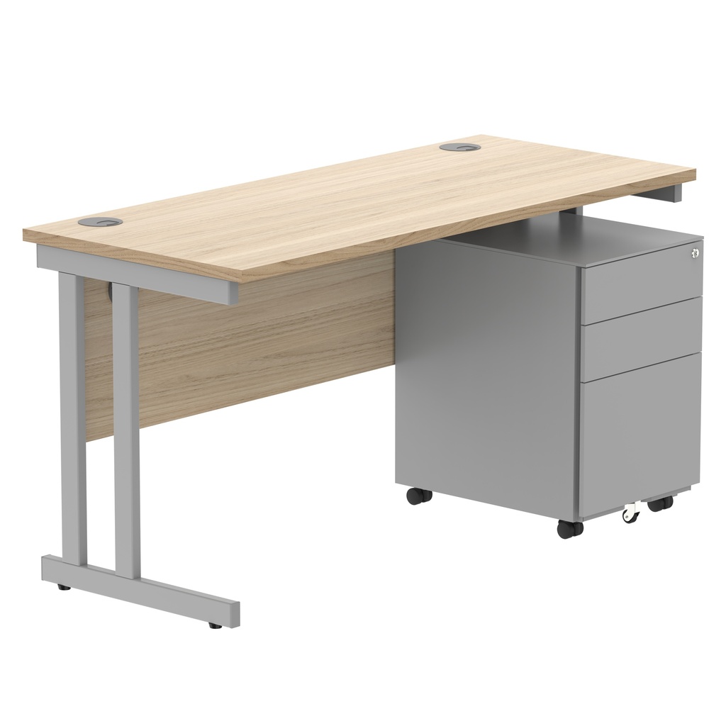 Double Upright Rectangular Desk + Under Desk Steel Pedestal 3 Drawers (FSC) | 1400X600 | Canadian Oak/Silver