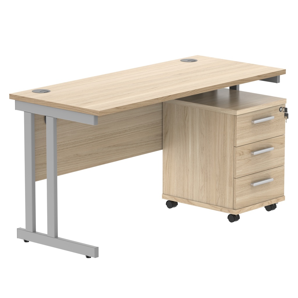 Double Upright Rectangular Desk + 3 Drawer Mobile Under Desk Pedestal (FSC) | 1400X600 | Canadian Oak/Silver