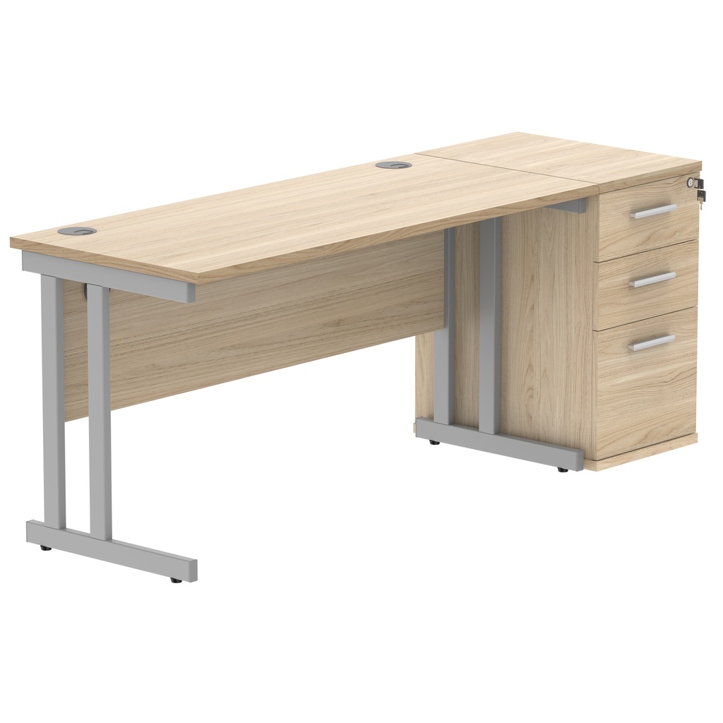 Double Upright Rectangular Desk + Desk High Pedestal (FSC) | 1400X600 | Canadian Oak/Silver