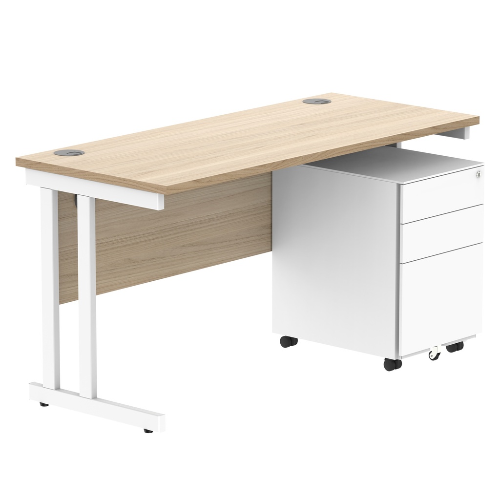 Double Upright Rectangular Desk + Under Desk Steel Pedestal 3 Drawers (FSC) | 1400X600 | Canadian Oak/White