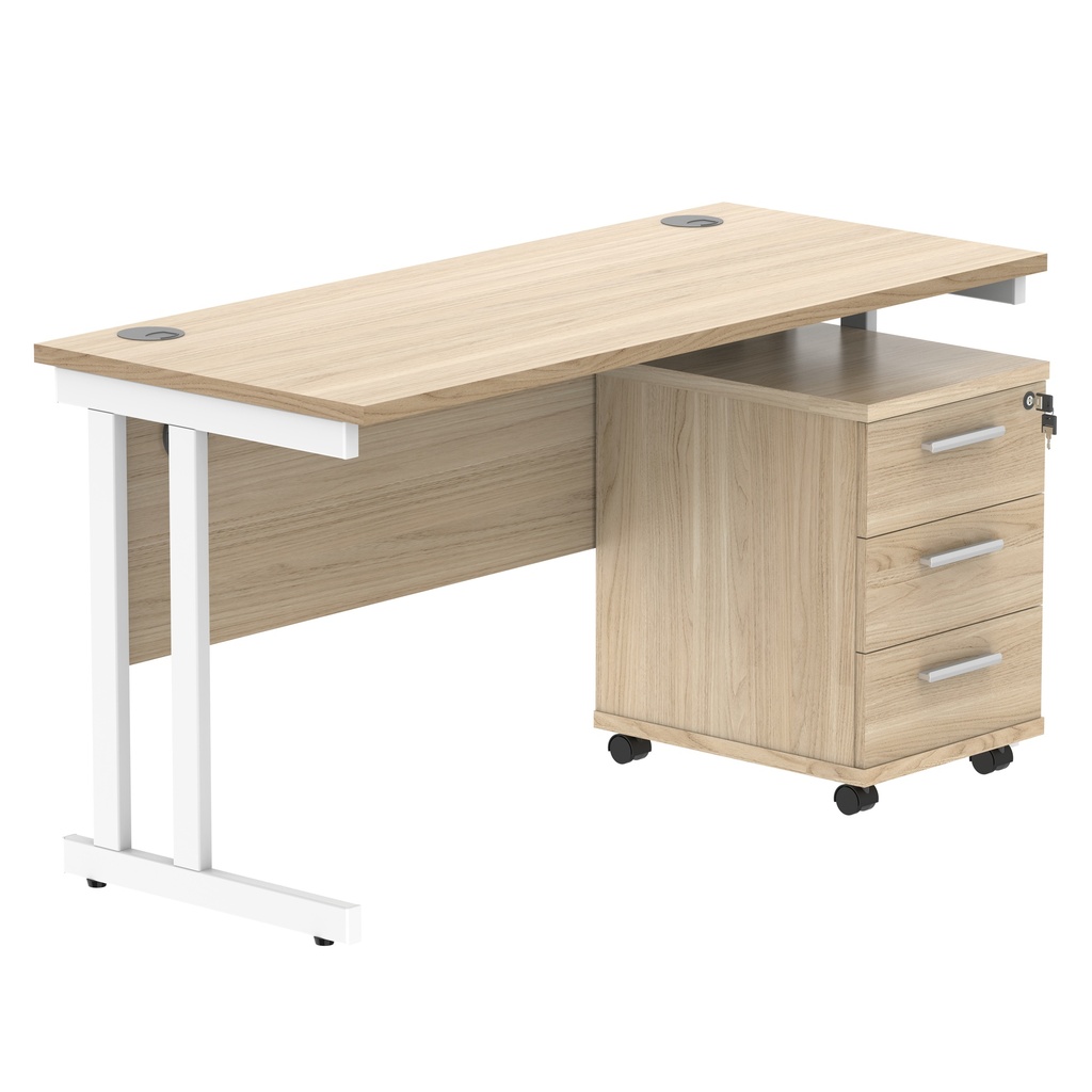 Double Upright Rectangular Desk + 3 Drawer Mobile Under Desk Pedestal (FSC) | 1400X600 | Canadian Oak/White