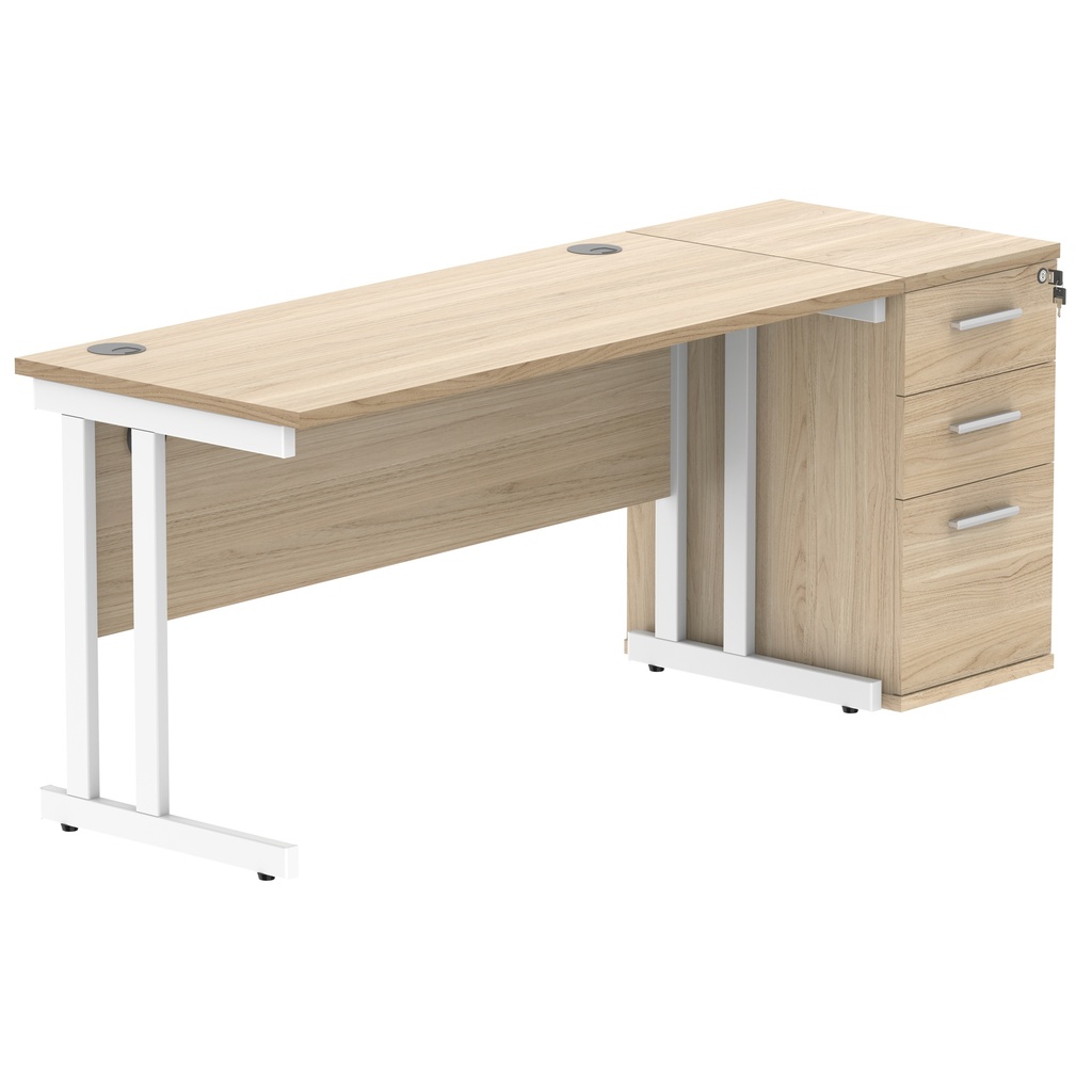 Double Upright Rectangular Desk + Desk High Pedestal (FSC) | 1400X600 | Canadian Oak/White