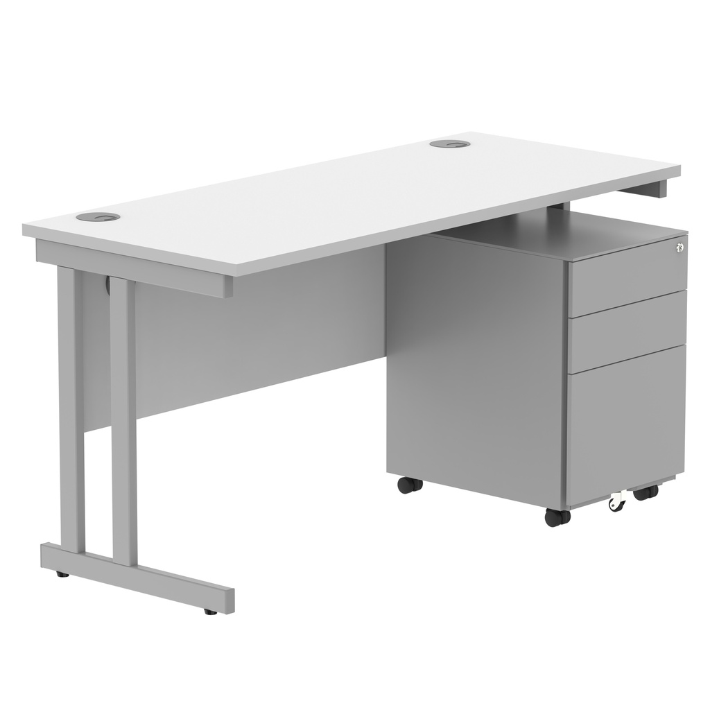 Double Upright Rectangular Desk + Under Desk Steel Pedestal 3 Drawers (FSC) | 1400X600 | Arctic White/Silver