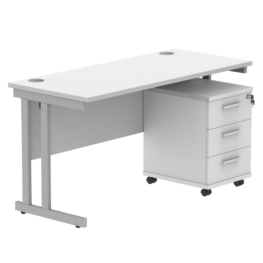 Double Upright Rectangular Desk + 3 Drawer Mobile Under Desk Pedestal (FSC) | 1400X600 | Arctic White/Silver