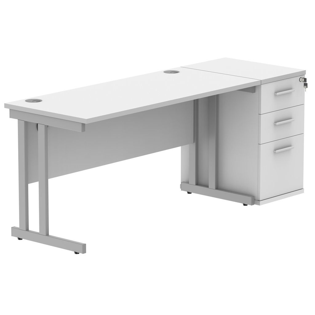 Double Upright Rectangular Desk + 3 Drawer Mobile Under Desk Pedestal (FSC) | 1400X600 | Arctic White/Silver