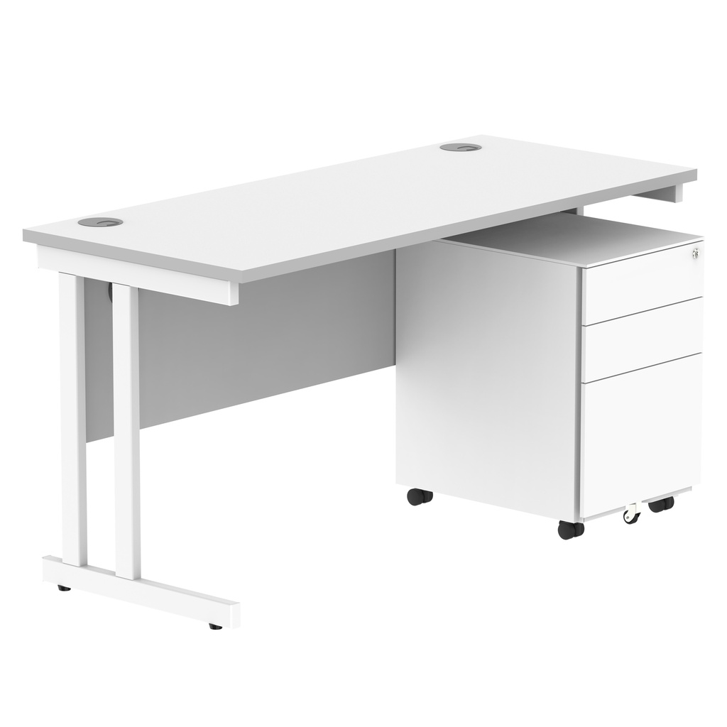 Double Upright Rectangular Desk + Under Desk Steel Pedestal 3 Drawers (FSC) | 1400X600 | Arctic White/White