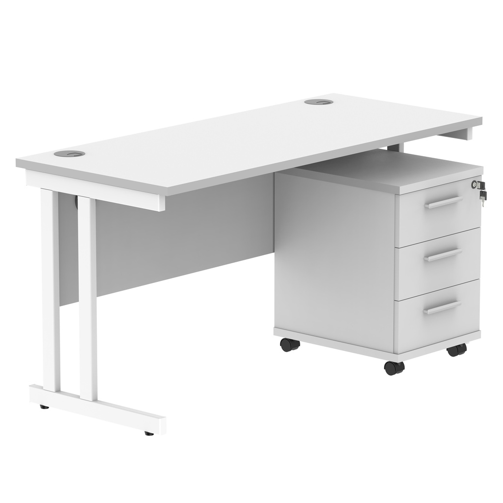 Double Upright Rectangular Desk + 3 Drawer Mobile Under Desk Pedestal (FSC) | 1400X600 | Arctic White/White