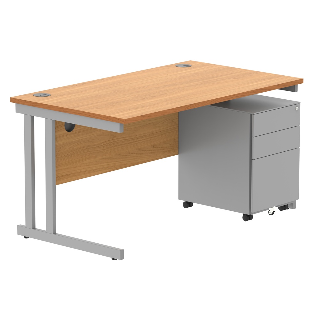 Double Upright Rectangular Desk + Under Desk Steel Pedestal 3 Drawers (FSC) | 1400X800 | Norwegian Beech/Silver