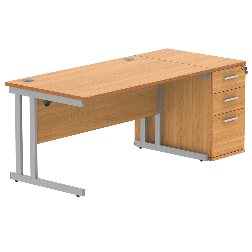 Double Upright Rectangular Desk + Desk High Pedestal (FSC) | 1400X800 | Norwegian Beech/Silver