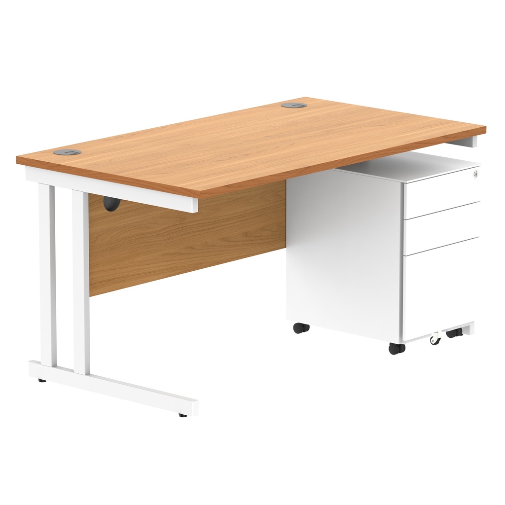 Double Upright Rectangular Desk + Under Desk Steel Pedestal 3 Drawers (FSC) | 1400X800 | Norwegian Beech/White