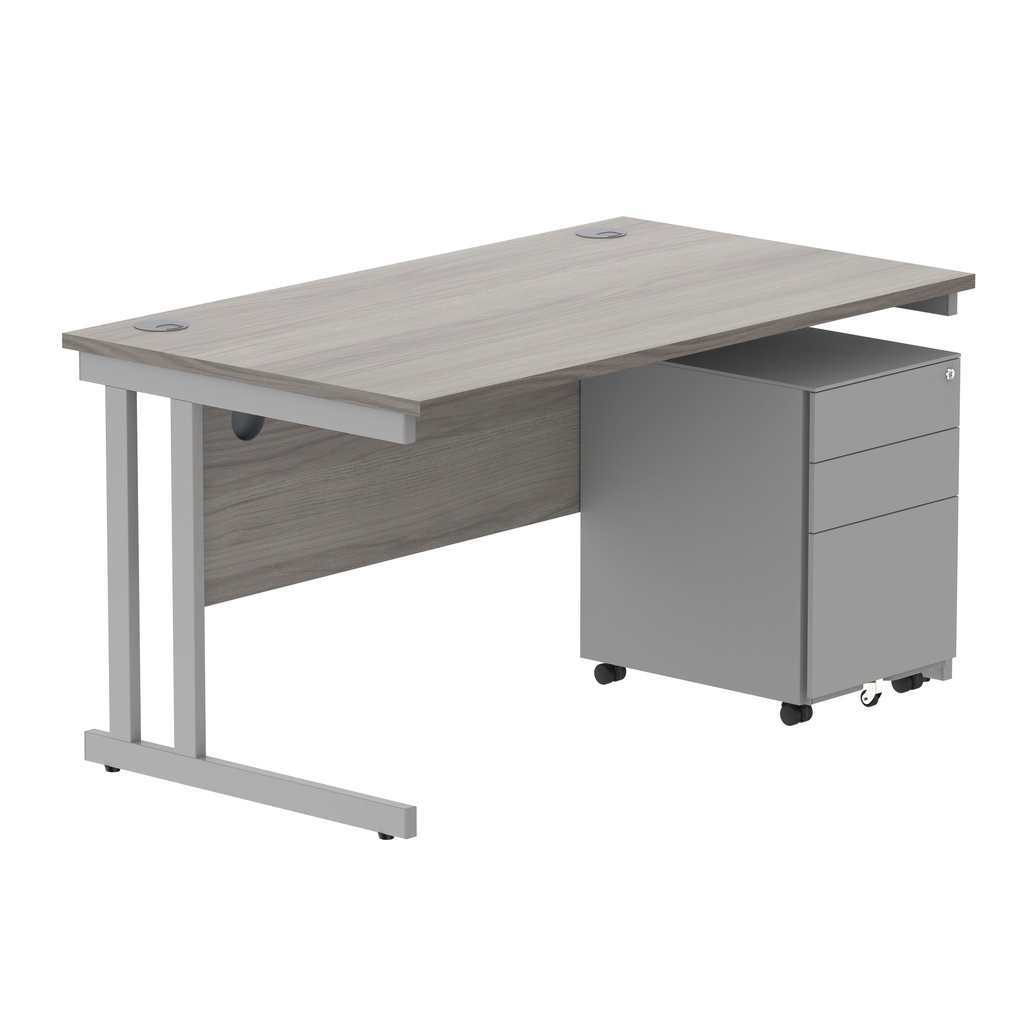 Double Upright Rectangular Desk + Under Desk Steel Pedestal 3 Drawers (FSC) | 1400X800 | Alaskan Grey Oak/Silver