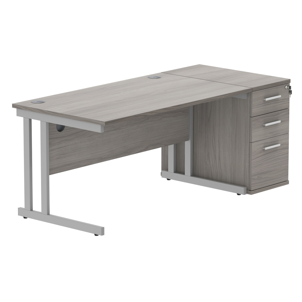 Double Upright Rectangular Desk + Desk High Pedestal (FSC) | 1400X800 | Alaskan Grey Oak/Silver