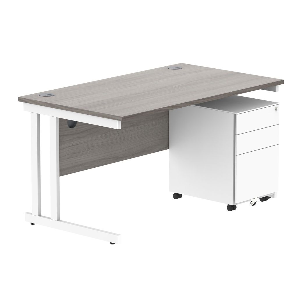 Double Upright Rectangular Desk + Under Desk Steel Pedestal 3 Drawers (FSC) | 1400X800 | Alaskan Grey Oak/White