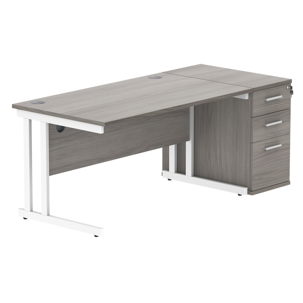 Double Upright Rectangular Desk + Desk High Pedestal (FSC) | 1400X800 | Alaskan Grey Oak/White